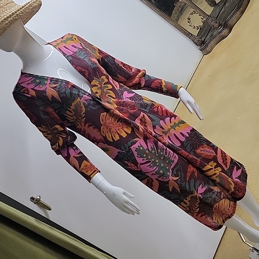G.I.L.I. Printed Palm Duster Burgundy Palm Oversized Size XXS